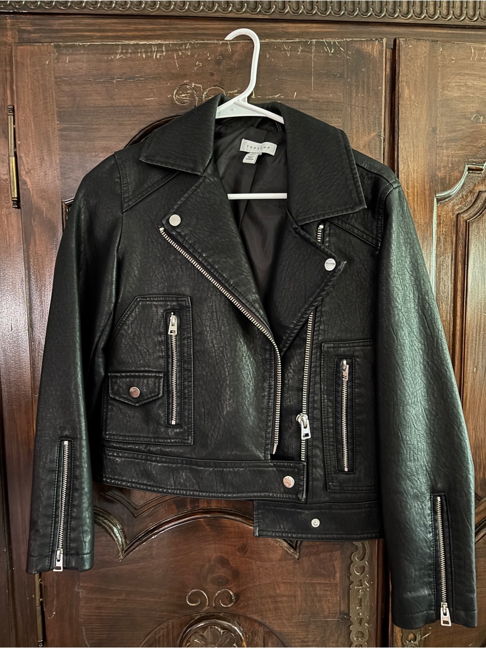 Topshop Black Faux Leather Biker Jacket with Silver Hardware